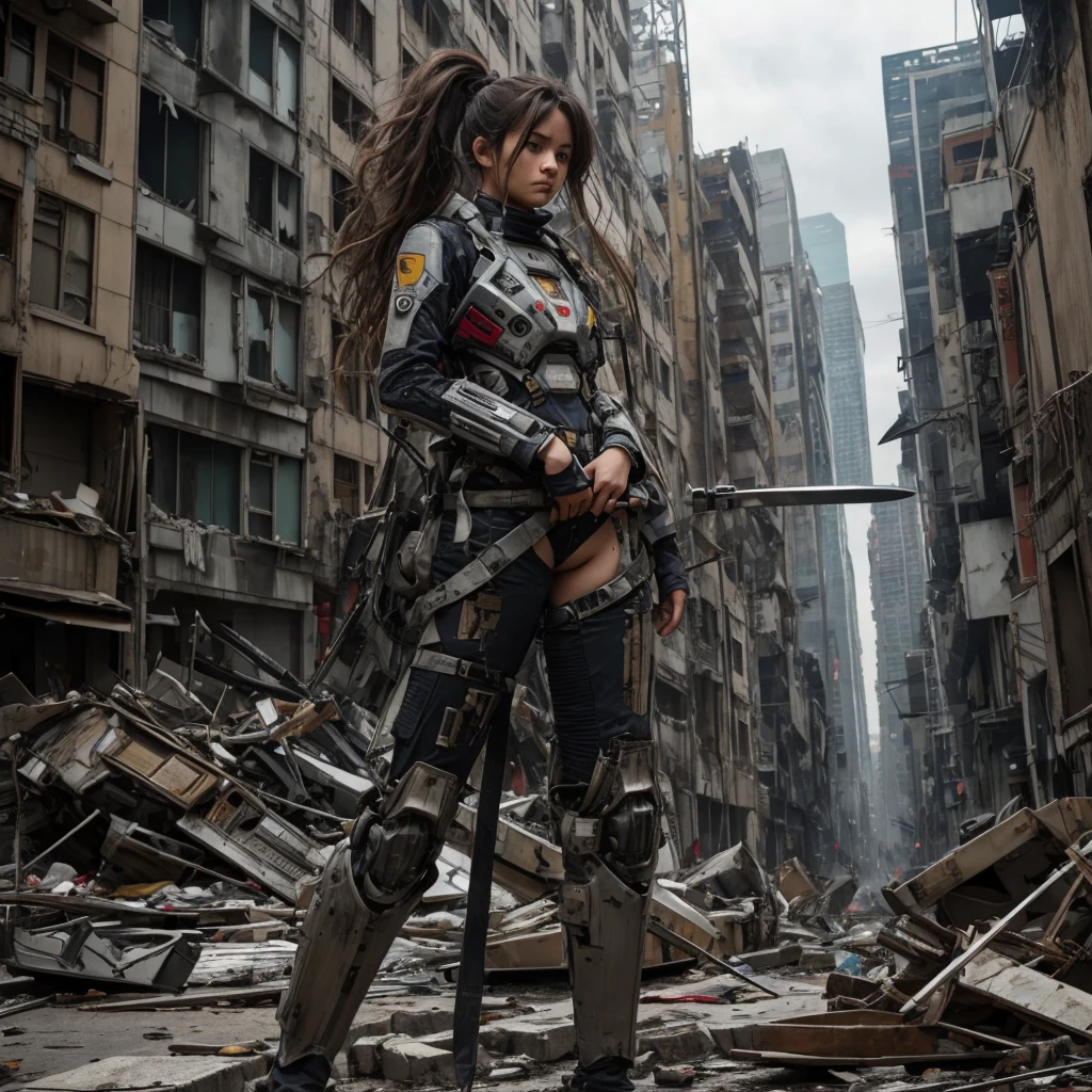 woman, unkempt hair, exosuit chest, torn clothes, war wounds, holds knife, sneaky pose, full body focus, destroyed city background