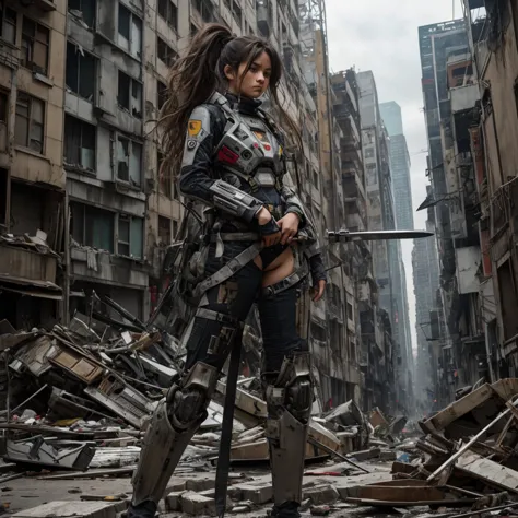 woman, unkempt hair, exosuit chest, torn clothes, war wounds, holds knife, sneaky pose, full body focus, destroyed city backgrou...