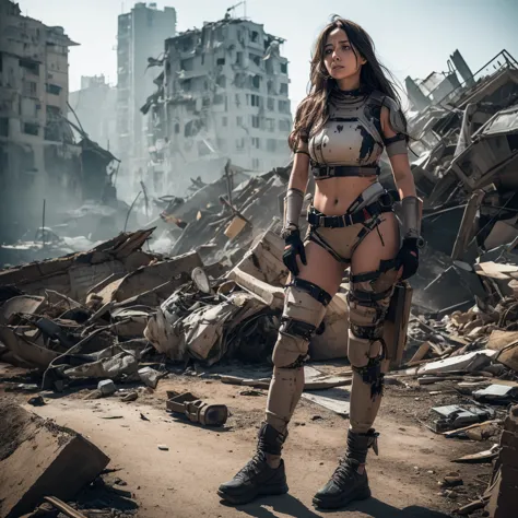 woman, unkempt hair, exosuit chest, torn clothes, war wounds, holds knife, sneaky pose, full body focus, destroyed city backgrou...