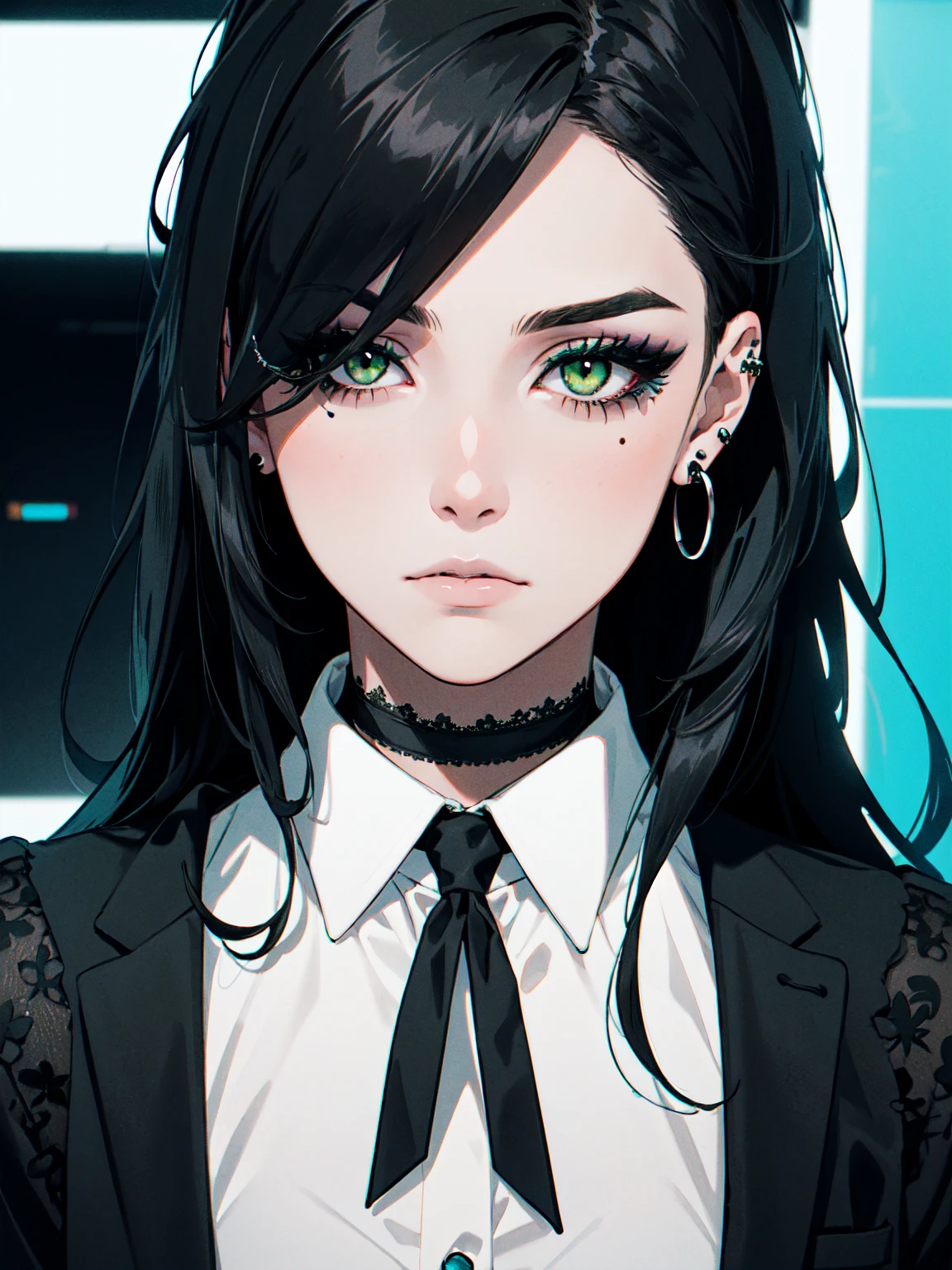 1girl, ((hair over eye)), (tight black lace blazer), black tie, ((long hair)), ((straight hair)), (((black hair))), side swept bangs, white skin, pale, white, (green eye), tired expression, choker, ((dark makeup, mascara, eyeshadow)), multiple piercings, best quality, 8k, cyberpunk city, neon streets, white shirt, erotic
