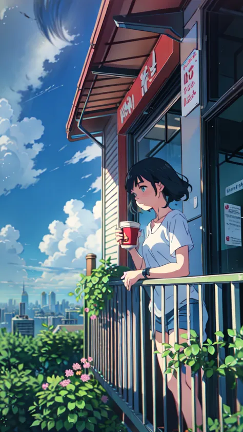 a girl standing on a balcony with a cup of coffee, cgsociety 9, chillhop, alena aenami and artgerm, makoto shinkai and artgerm, ...