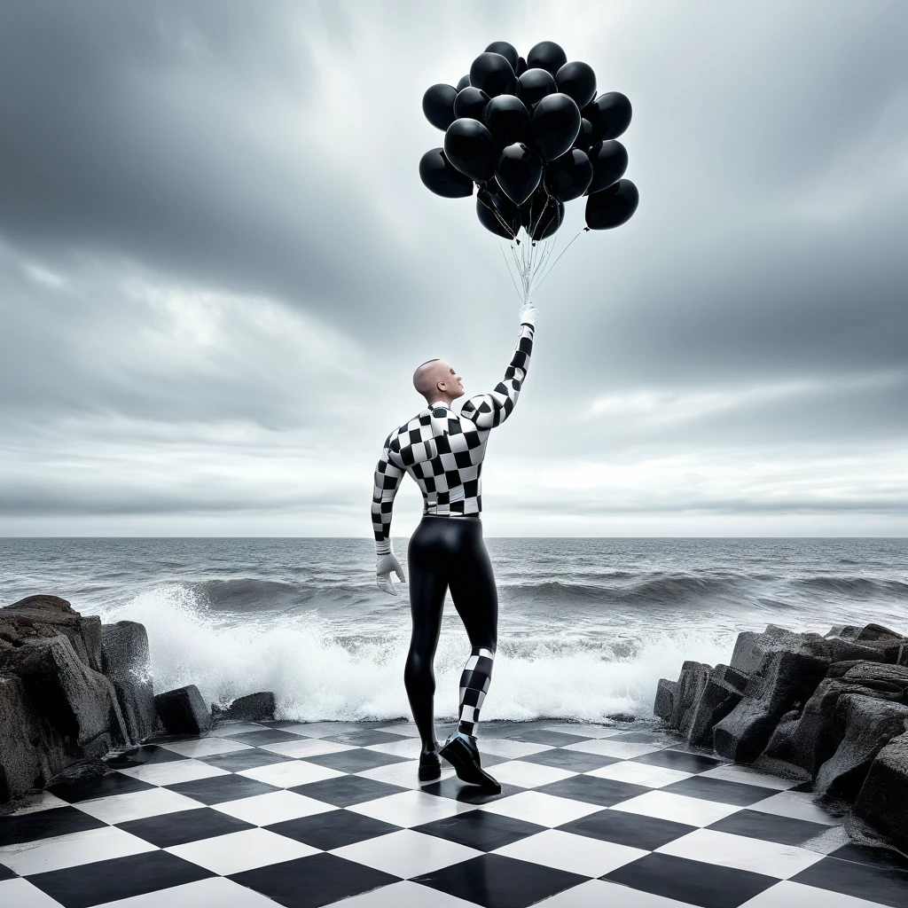 Professional full color photography with great detail: in a surreal coastal landscape, a very tall man with his hand on the back of his head, very tall and very muscular, with a pale complexion and a shaved head, stands on a black and white checkered floor that It blends perfectly with the surrounding beach. He has a body paint of squares from a chess game all over his body that highlights his sculpted physique. Wear white gloves and black platform shoes. Above it, many black and white balloons falling from the cloudy sky, creating a dreamlike atmosphere. His expression is calm, but intense, as he looks toward the horizon, where a distant lighthouse rises above the tumultuous seabed. Waves gently crash against the shore and a light mist lingers in the air, adding to the otherworldly feel of the scene. The overall atmosphere is one of quiet mystery, as elements of the scene blend to create a striking visual contrast, with the character at the center embodying strength and poise amidst the masterpiece, UHD, precise textured skin. , anatomically correct, super detail, High details, high quality, award-winning, best quality, high resolution, 4K