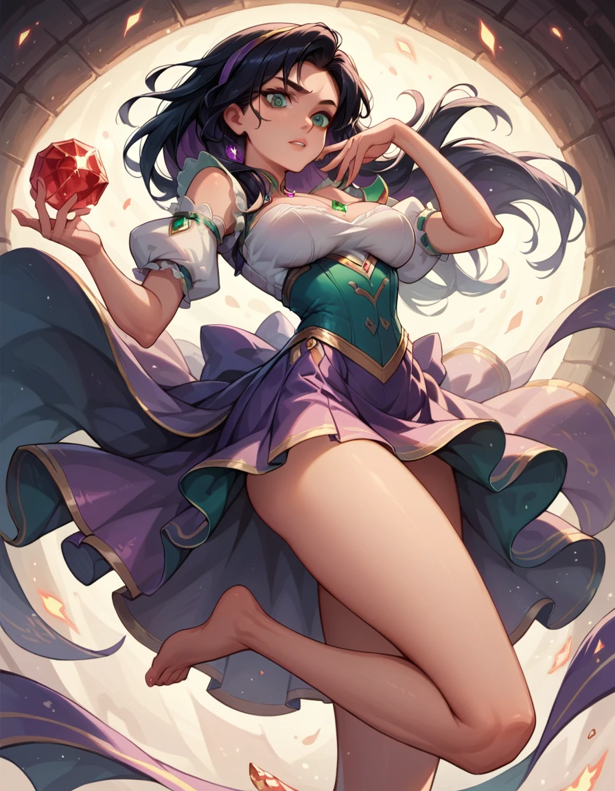 emerald, blackquality hair, greeneyes, 耳环, white blouse, bared shoulders, neckleace, breasts big, big purple skirt, barefoot, best qualityer 