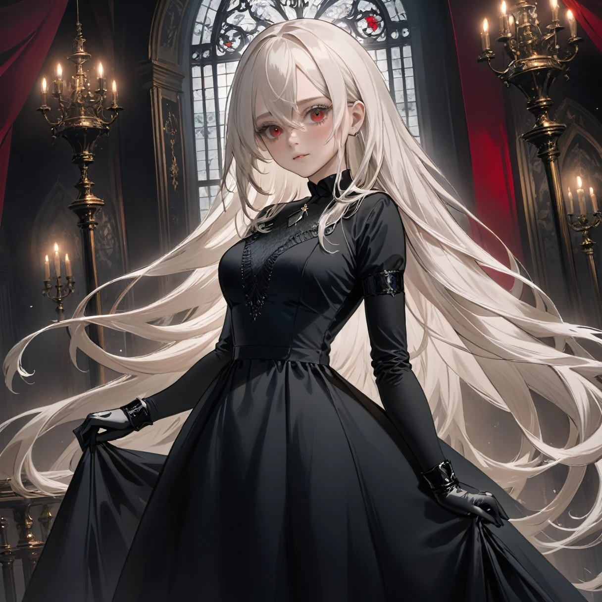 ((best quality)), ((masterpiece)), (masterpiece), best quality, cold eyes, perfect face,high res, ultrasharp, 8K, 
masterpiece,(detailed),white long hair,beautiful,sexy,mature,hour glass shape,black dress,elegant,black gloves,black heels,red eyes