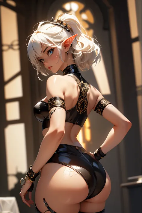 ((masterpiece, best-quality, ultra_detailed)), female elf dressed in latex booty shorts, gorgeous, attractive, african, voluptuo...