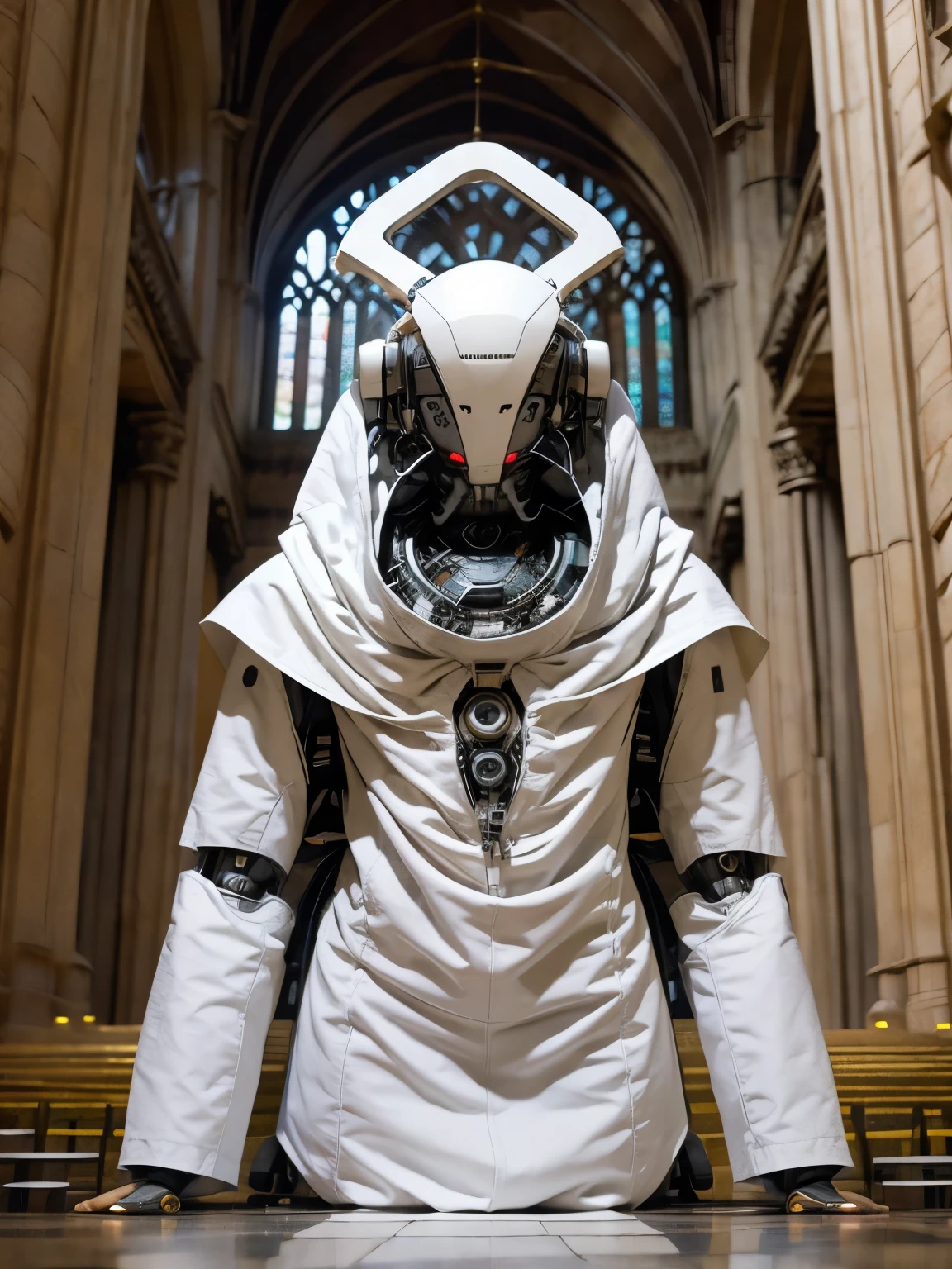 robot with white clothes in the center of a big temple church