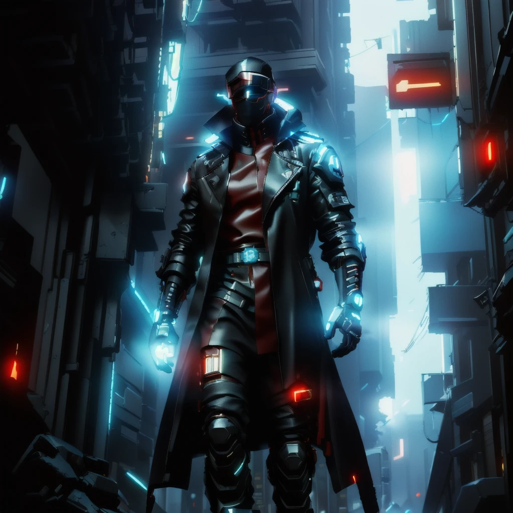 arafed man in a black coat and red gloves walking down a street, cyberpunk character art, cyberpunk soldier, cyberpunk hero, cyberpunk character design, cyberpunk street goon, cyberpunk assassin, cyberpunk character, style of cyberpunk, dark cyberpunk illustration, cyberpunk artm, cyberpunk knight, modern cyberpunk anime, has cyberpunk style, cyberpunk dude, cyberpunk themed art, cyberpunk art style