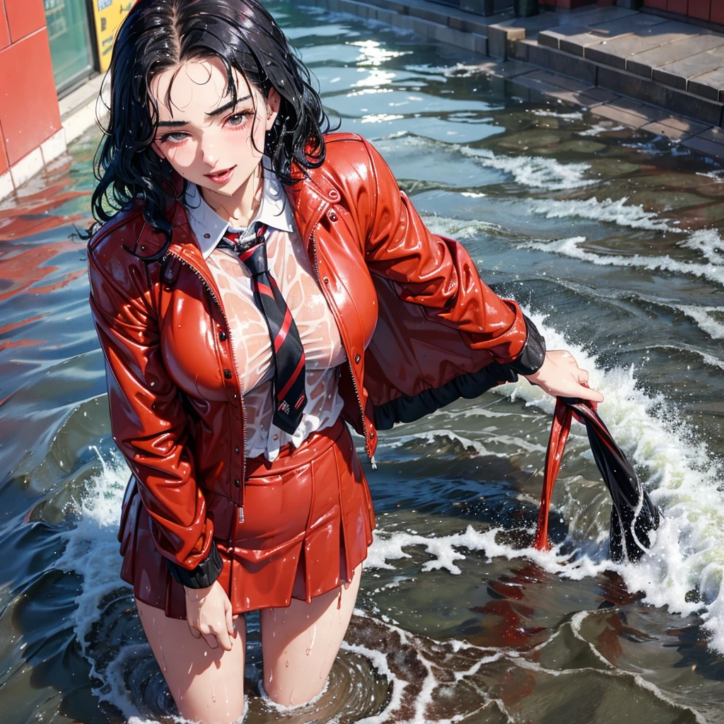 woman in a red leather jacket and skirt standing in the water, wet look, she is wearing a wet coat, on a wet london street, pretty girl standing in the rain, dressed as schoolgirl, charli bowater, wearing jacket and skirt, wearing atsuko kudo latex outfit, soaked, charli xcx, wet streets, wearing red jacket, grin, shirt and tie, soaked, drenched, wet clothes, dripping wet, dripping oil, wet hair, jenya.d