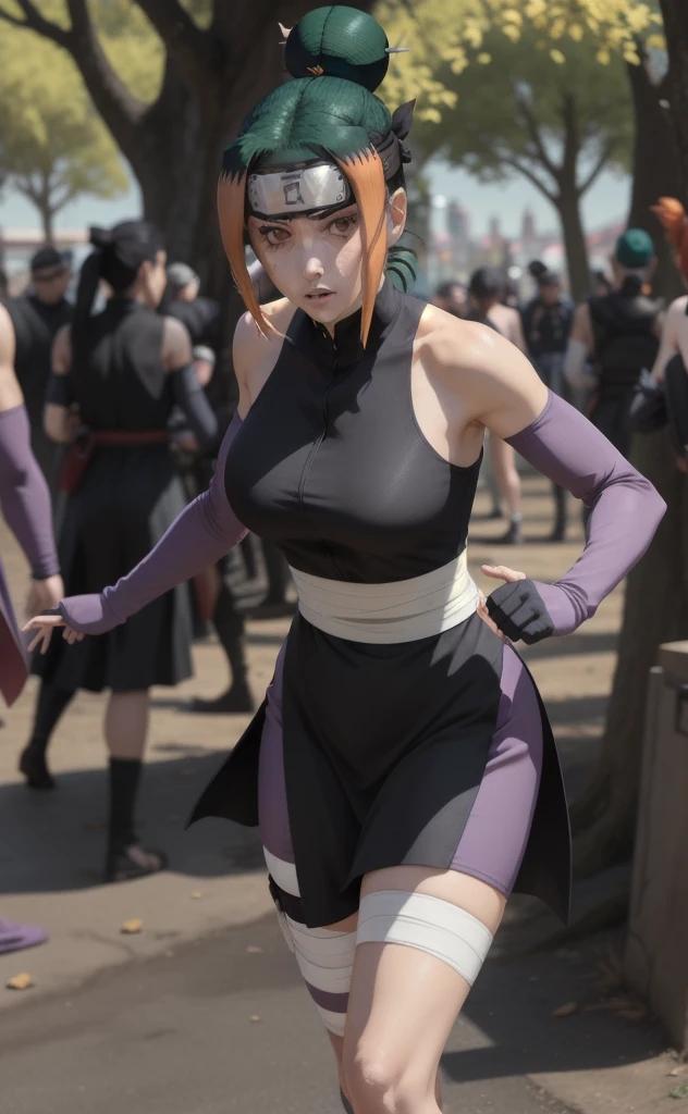 Costum_Kunoichi_Pakura_ownwaifu,ownwaifu,
1girl, forehead protector, brown eyes, black sclera, colored sclera, single hair bun, green hair, orange hair, hair ornament, breasts, large breasts, multicolored hair, collarbone, two-tone hair, 
sarashi, bare shoulders, ninja, sleeveless, detached sleeves, purple gloves, elbow gloves, bandaged leg, leg wrap, black dress, 
((masterpiece)),((best quality)),(highres), bokeh, depth_of_field, day, tree shade, sunlight, scenery, architecture,  fighting action, dutch angle