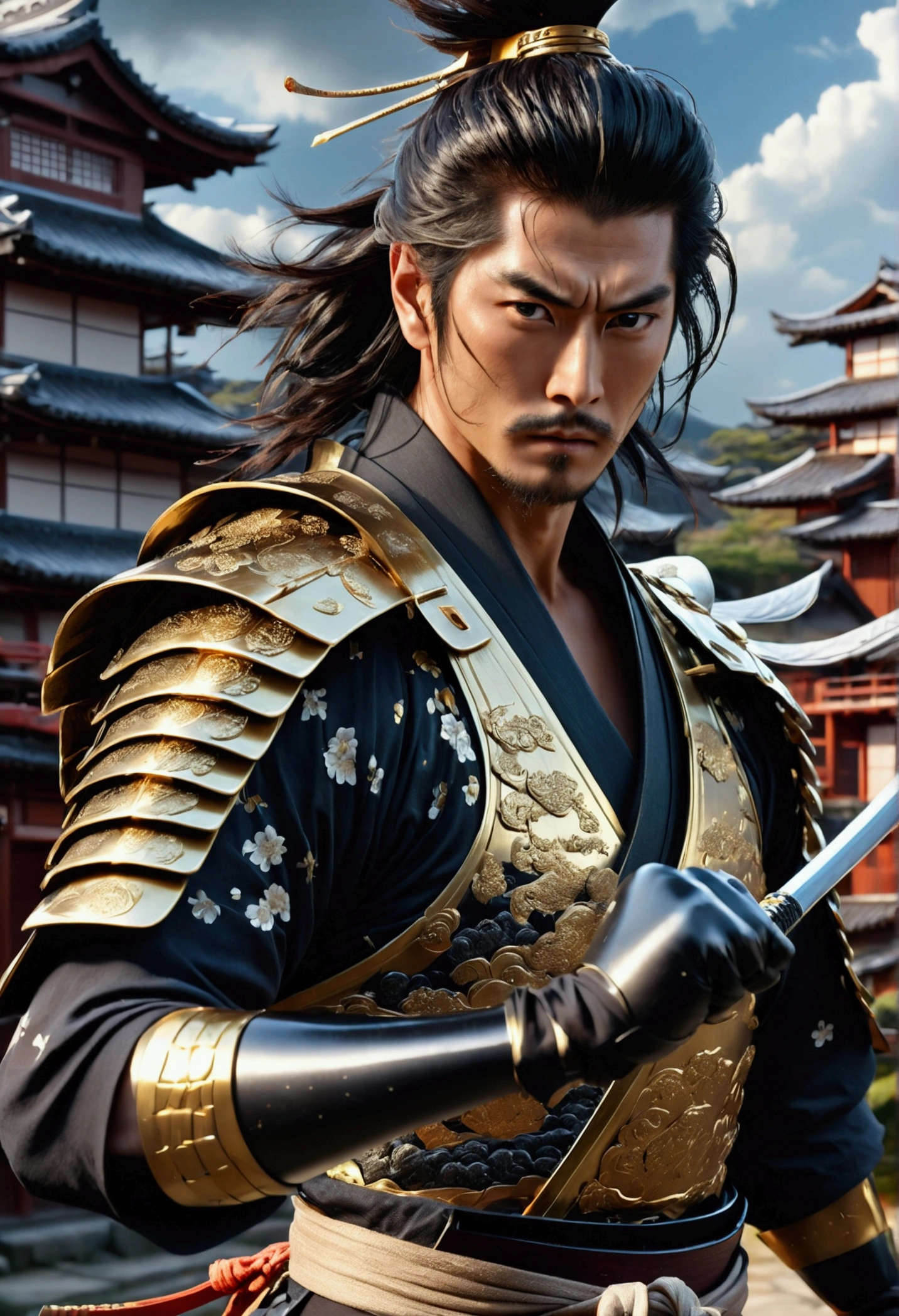 a highly detailed male samurai warrior, katana, black gloves, outdoors, striking a dramatic pose, (masterpiece:1.2), (best quality, 8k, ultra-detailed, hyper-realistic, photorealistic:1.37), dramatic lighting, cinematic composition, stunning colors, intricate details