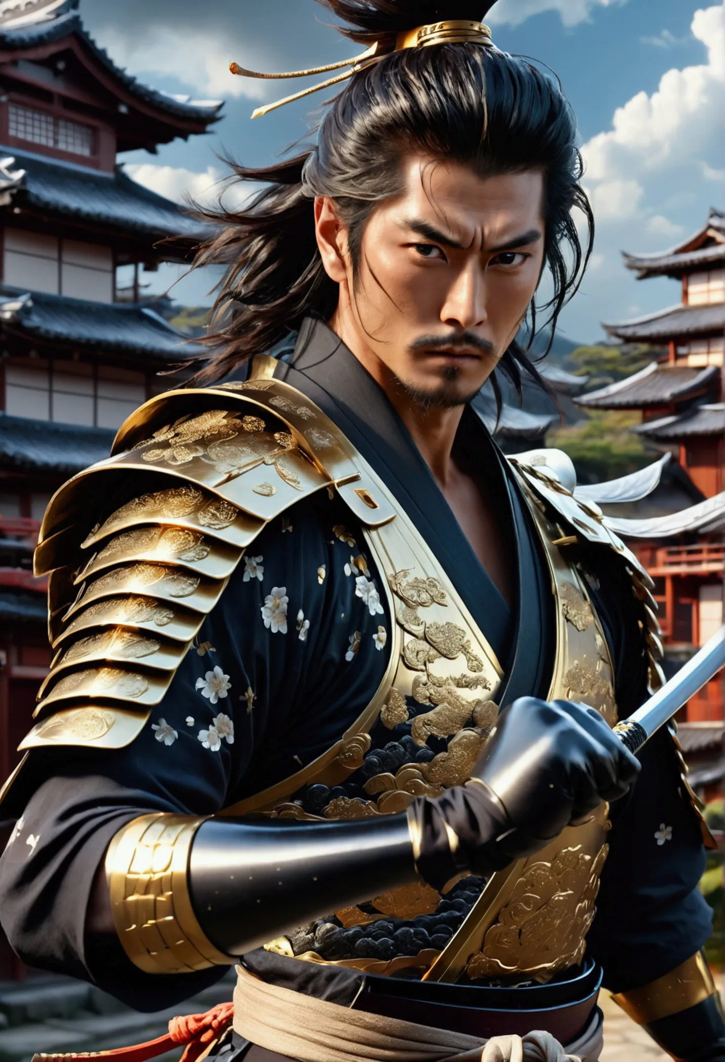 a highly detailed male samurai warrior, katana, black gloves, outdoors, striking a dramatic pose, (masterpiece:1.2), (best quali...