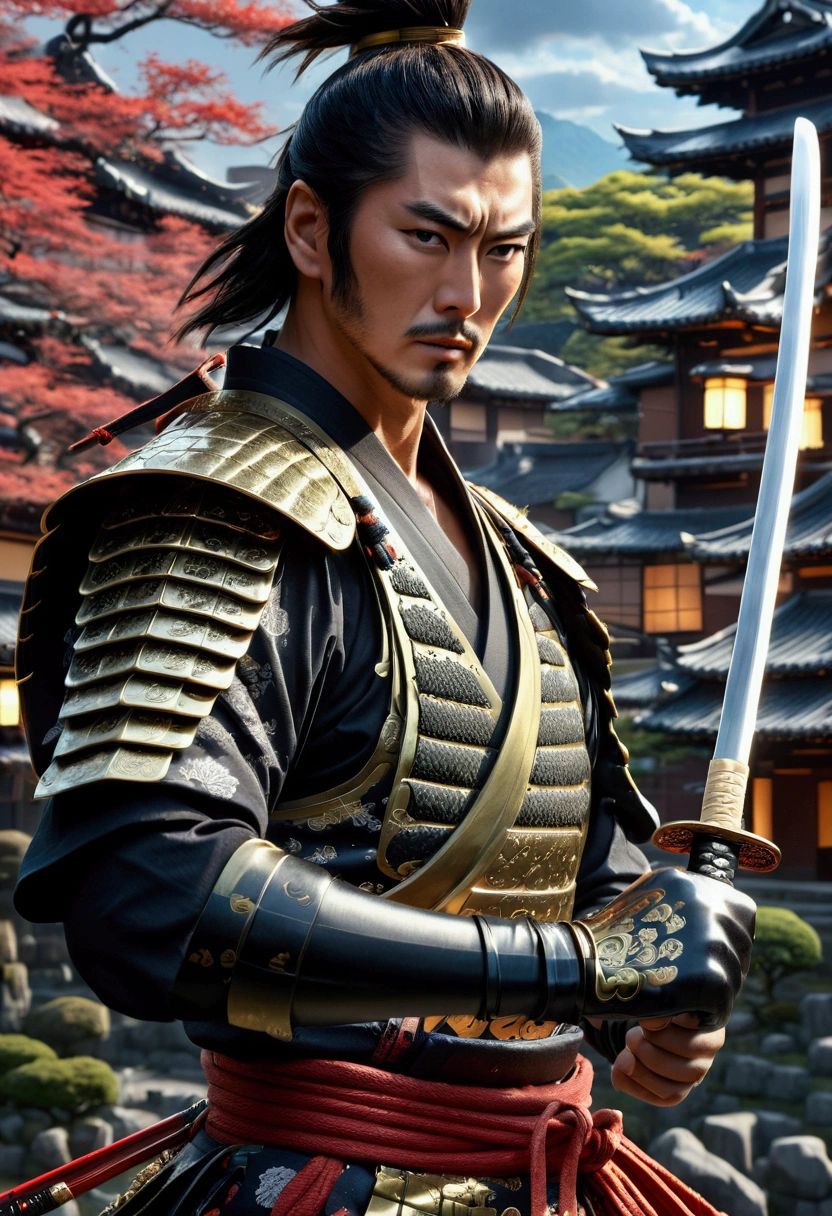 a highly detailed male samurai warrior, katana, black gloves, outdoors, striking a dramatic pose, (masterpiece:1.2), (best quality, 8k, ultra-detailed, hyper-realistic, photorealistic:1.37), dramatic lighting, cinematic composition, stunning colors, intricate details