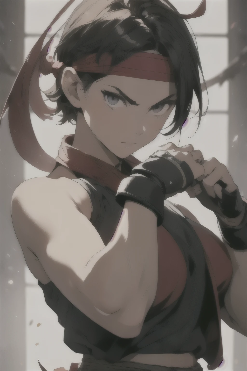 (masterpiece, best quality:1.2), expressive eyes, perfect face, highres, 1girl, solo, ryu \(sf\), (female:1.5), black hair, short hair, dougi, fingerless gloves, headband, fighting pose, portrait, looking at the viewer, cowboy shot