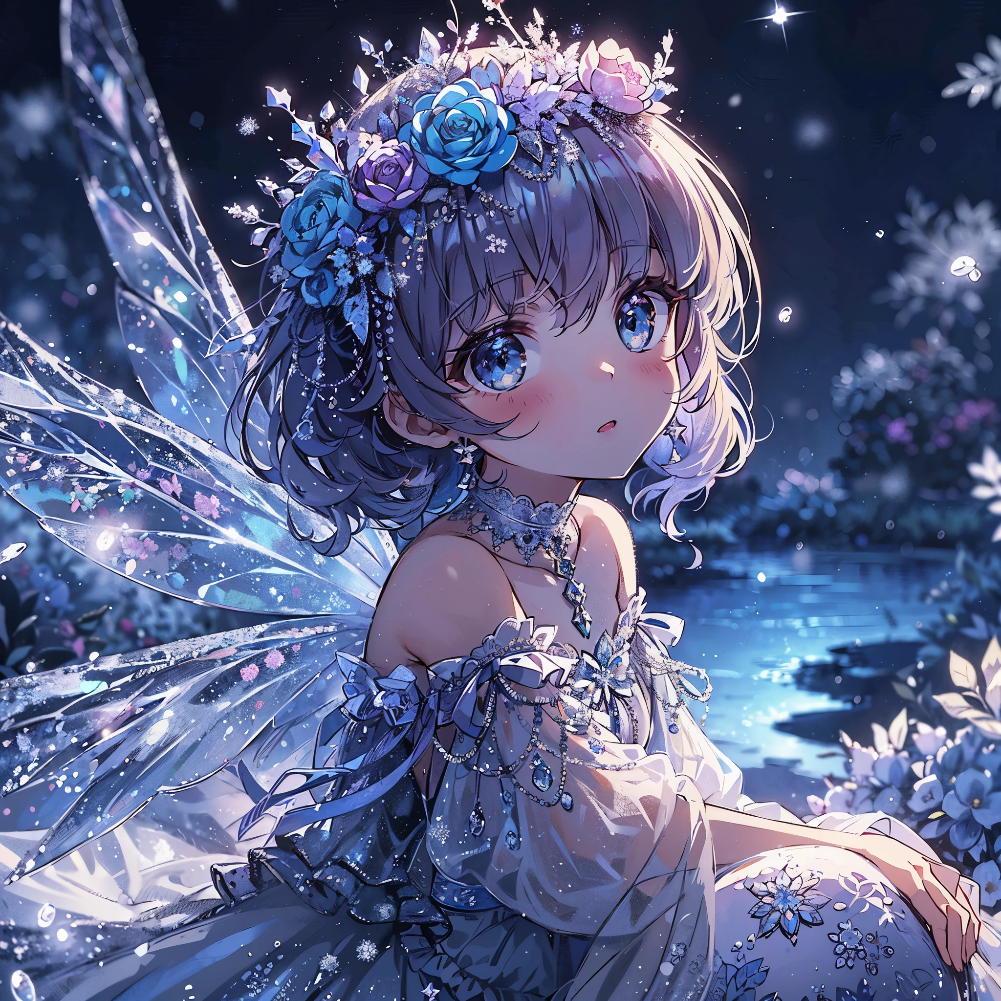 (Exquisite, beautiful, Very detailed, masterpiece, high quality, High resolution),(Soft and thin lines: 1.2, Beautiful and delicate face, Pixiv-inspired anime illustration,Illustration style printed on nijijourney, A cute illustration style of a beautiful girl in pastel colors that is going viral among Japanese people on Twitter),Shot from a distance so that the whole body is visible, (In the dark, freezing cold scenery, an ice fairy princess with diamond fairy wings growing from her back is floating in the air, her hands wrapped in white cold air and ice magic, and she is using beautiful ice magic.),Frozen surface, flowers, and trees,Ice crystals, (Ice tiara, earrings, necklace, and Mond bracelet,Diamond Rings,), ((A gorgeous ball gown dress with lots of frills inspired by ice and snow.:1.1, Balloon sleeves, Diamonds and ribbons and lace and frills, Beautiful diamond fairy wings from the back:1.5)), (Cold-hearted,A cool look,Pale pink, plump lips,Fair skin, Transparent eyes,Large Bust,Good style),snow,Ice crystals