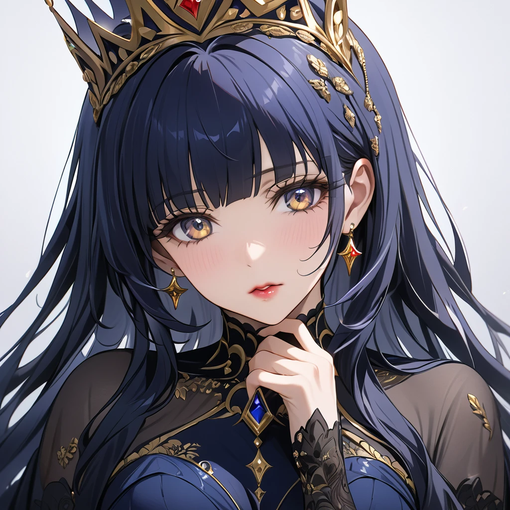 ((Highest quality)), ((masterpiece)), (detailed), （Perfect Face）、The woman is Reika Aoki, an evil queen with midnight blue semi-long hair.、She is wearing a gorgeous black dress with gold embroidery and trim, and is wearing makeup including lipstick and eyeshadow.