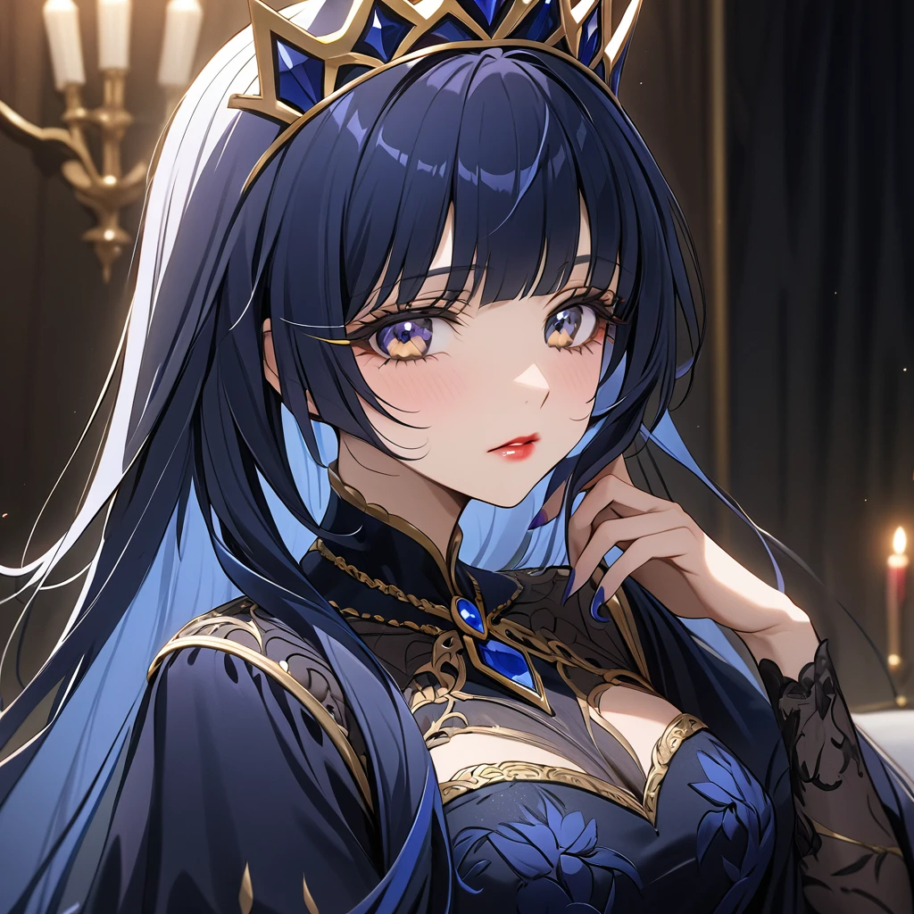 ((Highest quality)), ((masterpiece)), (detailed), （Perfect Face）、The woman is Reika Aoki, an evil queen with midnight blue semi-long hair.、She is wearing a gorgeous black dress with gold embroidery and trim, and is wearing makeup including lipstick and eyeshadow.