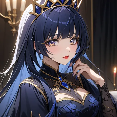 ((highest quality)), ((masterpiece)), (detailed), （perfect face）、the woman is reika aoki, an evil queen with midnight blue semi-...