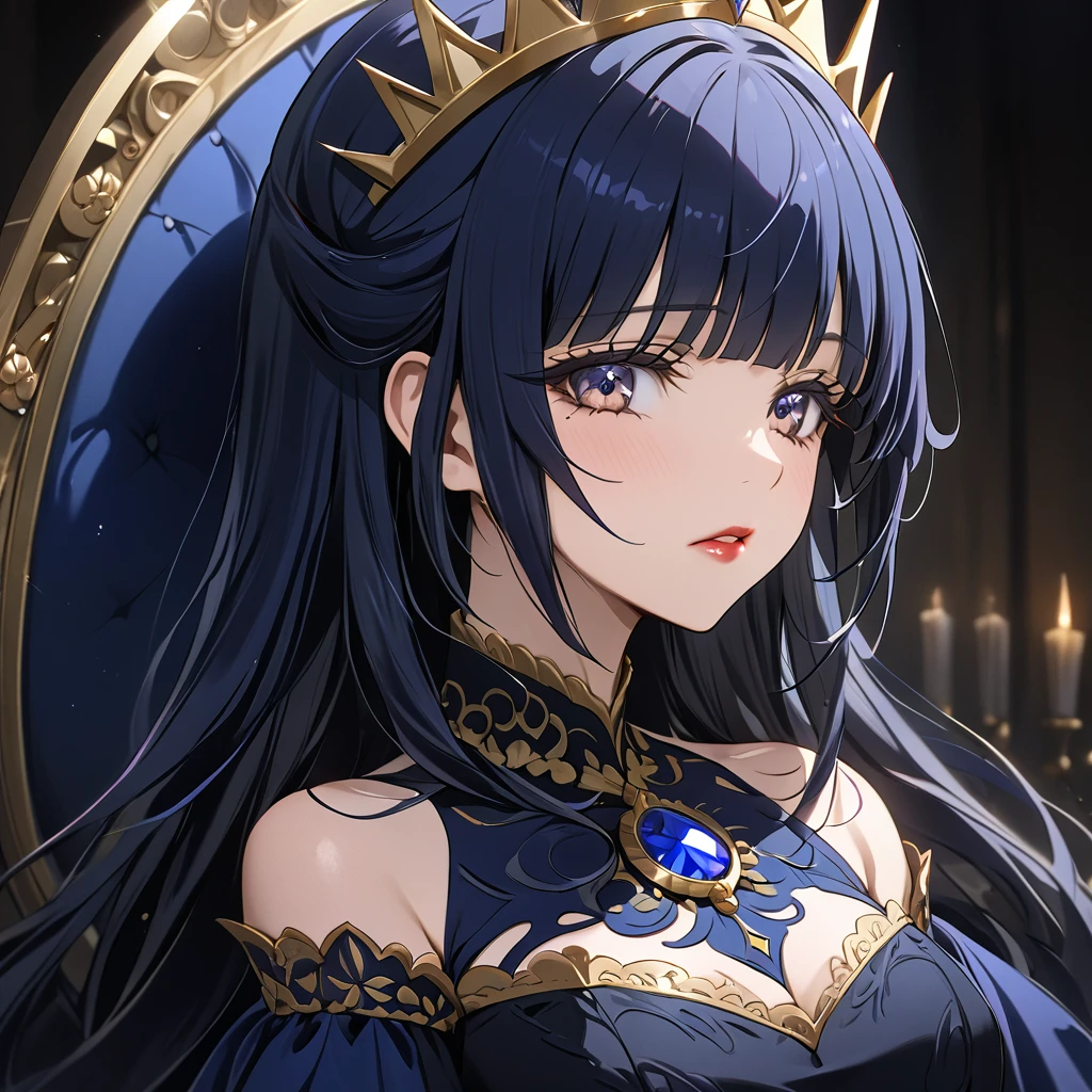 ((Highest quality)), ((masterpiece)), (detailed), （Perfect Face）、The woman is Reika Aoki, an evil queen with midnight blue semi-long hair.、She is wearing a gorgeous black dress with gold embroidery and trim, and is wearing makeup including lipstick and eyeshadow.