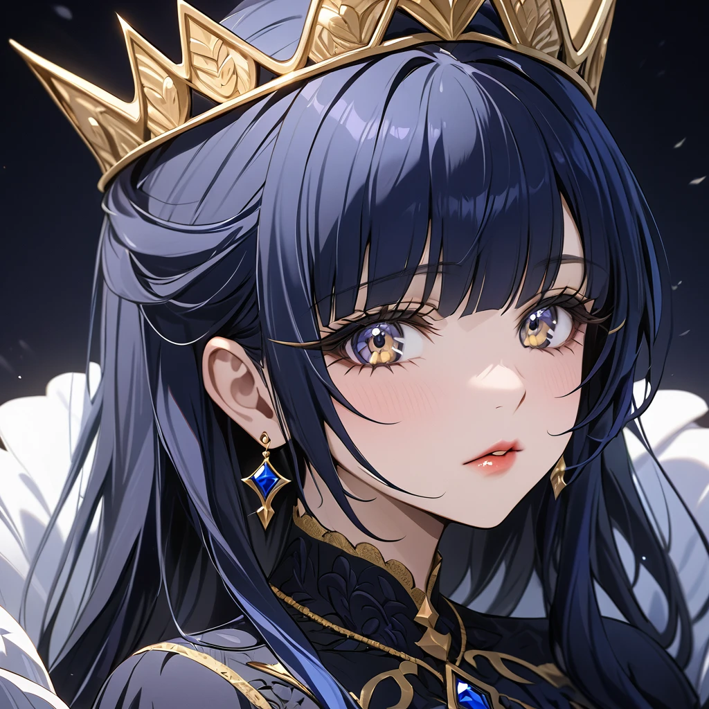 ((Highest quality)), ((masterpiece)), (detailed), （Perfect Face）、The woman is Reika Aoki, an evil queen with midnight blue semi-long hair.、She is wearing a gorgeous black dress with gold embroidery and trim, and is wearing makeup including lipstick and eyeshadow.