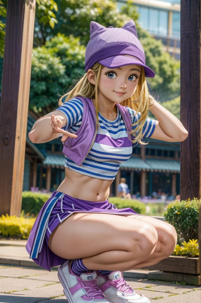 Orimoto izumi, purple hat, purple vest, purple skirt, blue white striped shirt, tummy, hair blonde, ssmile, breasts small, pose, whole body, pink sneakers, looking at the spectator, best qualityer, magical world 