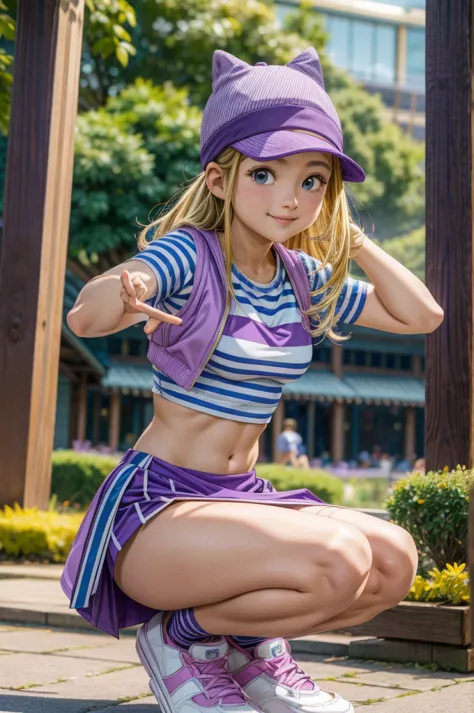 orimoto izumi, purple hat, purple vest, purple skirt, blue white striped shirt, tummy, hair blonde, ssmile, breasts small, pose,...