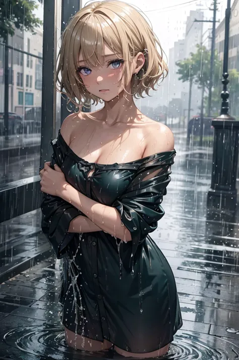 highly detailed, extreme detail, amazing art), raning, heavy rain, dark, midnight, 1girl, soaking wet drenched, wearing nothing ...