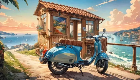 historical masterpieces,italian coast at dusk,picture of a retro moped parked on the road, beautiful artwork, outrun art style, ...