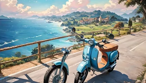 historical masterpieces,italian coast at dusk,picture of a retro moped parked on the road, beautiful artwork, outrun art style, ...