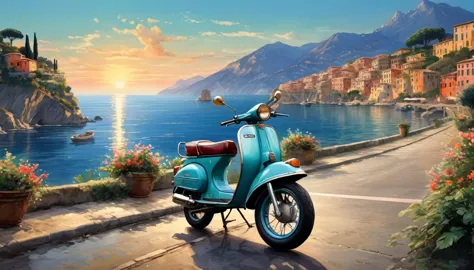 historical masterpieces,italian coast at dusk,picture of a retro moped parked on the road, beautiful artwork, outrun art style, ...