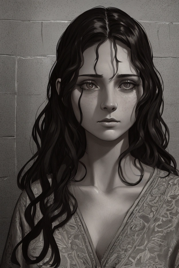 intricate detailed portrait of a woman with dark wavy hair, inside a prison cell, highly detailed, 8k, photorealistic, chiaroscuro lighting, dramatic shadows, moody atmosphere, cinematic composition, muted color palette, realistic textures, intricate details