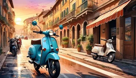 historical masterpieces,sunset in an italian city,picture of a retro moped parked on the road, beautiful artwork, outrun art sty...