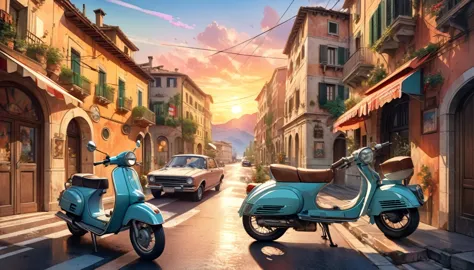 historical masterpieces,sunset in an italian city,picture of a retro moped parked on the road, beautiful artwork, outrun art sty...