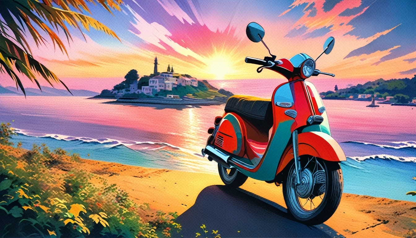 Historical masterpieces,Italian coast at dusk,Picture of a retro moped parked on the road, Beautiful artwork, OutRun art style, Beautiful digital art, Great art style, Retro style, Landscape Background,, Highly detailed digital painting,Watercolor style, super Realistic painting style, Detailed 4K painting, Realistic painting style, Awesome Wallpapers