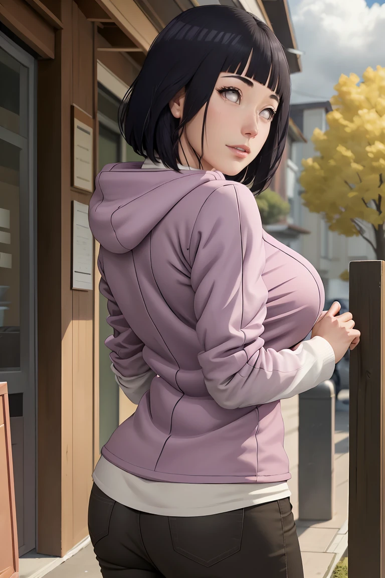 master part, absurderes, hinata\(boruto\), 1 girl, standing alone,mature woman, purple hoodie,layered sleeves, brown jeans, plein-air, cloudy sky, perfect composition, circumstantiated lips, large breasted, pretty face, Body Proportion, blush, (pink lips), short black hair (black hairr), lilac eyes, smooth appearance, super realistico, circunstanciado, photoshoot, realistic face and body, realistic hair, realisticeyes, realistic nose, realistic lips, brown jeans, animadas, dancing lightly. on your back, with chin under shoulder, looking back sensually, sorriso sexy, mouth shut. different pose.