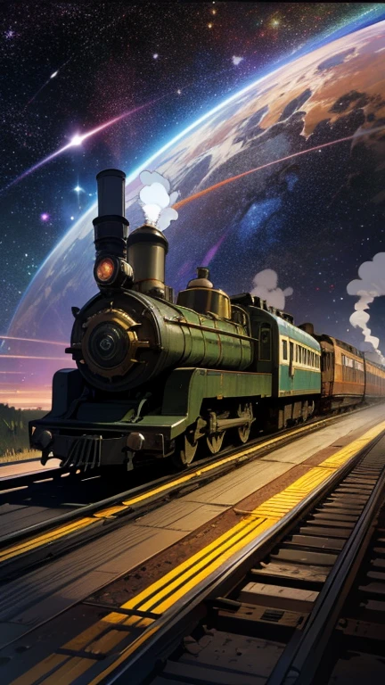 Fantasy，8k,Extremely detailed, masterpiece,High resolution,Highest quality,Increase the resolution,Cinema Lighting,Galaxy Express 999，steampunk，steam locomotive，Maneuvering with Ether，30-car train，Transparent rail，space section，Numerous stars，Many Galaxies，Milky Way，Cruising at the speed of light，Seeing the Earth in the distance，Going to Andromeda，Wide angle of view