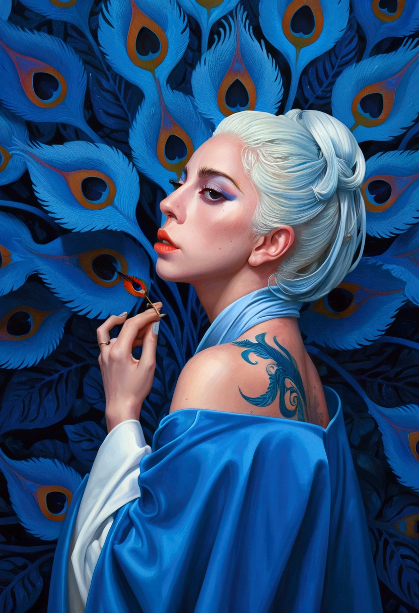 A painting by Alafid，Lady Gaga in the painting，With a peacock tail and eyes, Surrealism inspired by James Jean, Popular on artstation, Pop surrealism, james gien style, James Jean Andre Ryabovich, james jean 和 wlop, James Jean Soft Light 4K, james jean soft light 4k, james jean marc, style of james jean