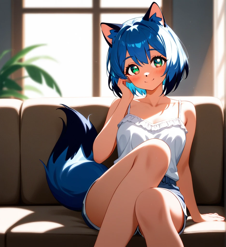 [michiru kagemori], ((masterpiece)), ((HD)), ((high res)), ((solo portrait)), ((waist up)), ((front view)), ((cute cartoon aesthetic)), ((detailed fur)), ((detailed shading)), ((intricate details)), {(athletic figure), brown fur, black nose, (cute dark-teal eyes), (short eyelashes), (fluffy blue tail), (short blue hair), (two toned hair), (black tips on hair), (curvy hips), (beautiful legs), (beautiful feet), (blushing), (cute smile)}, {(grey camisole top), (blue jogger short shorts green lining)}, {(sitting on couch), (head resting on hand), (looking at viewer)}, [ambient lighting, living room, window, sun rays]
