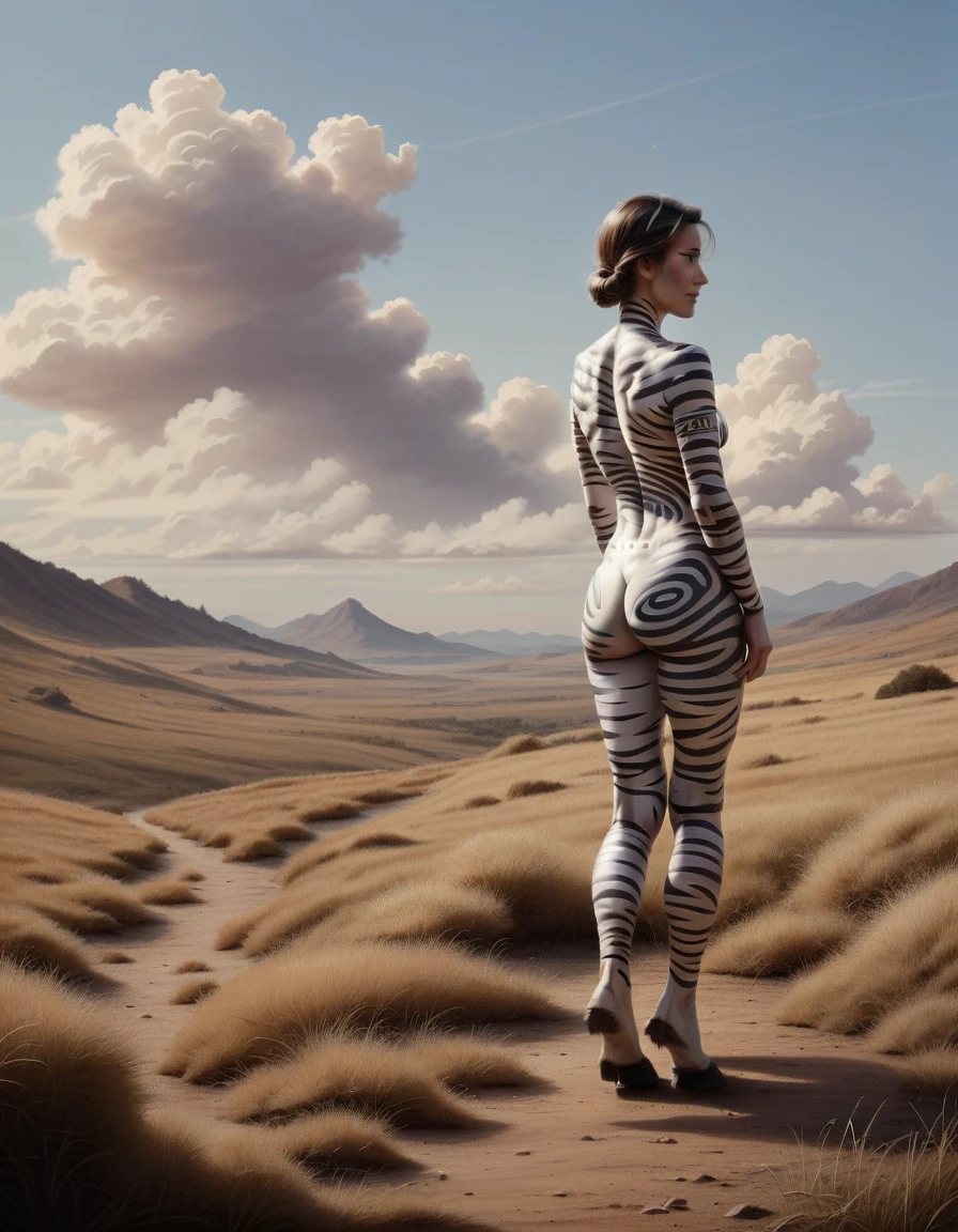 cinematic, (score_8_up:1.5),  1girl, ((bodypaint)), zebra stripes, black and white, (Emma Watson), from behind, zebra, pattern, striped mohawk, waist up, outdoors, plains, head turned, off center, (side view:0.8), black lipstick, hooves