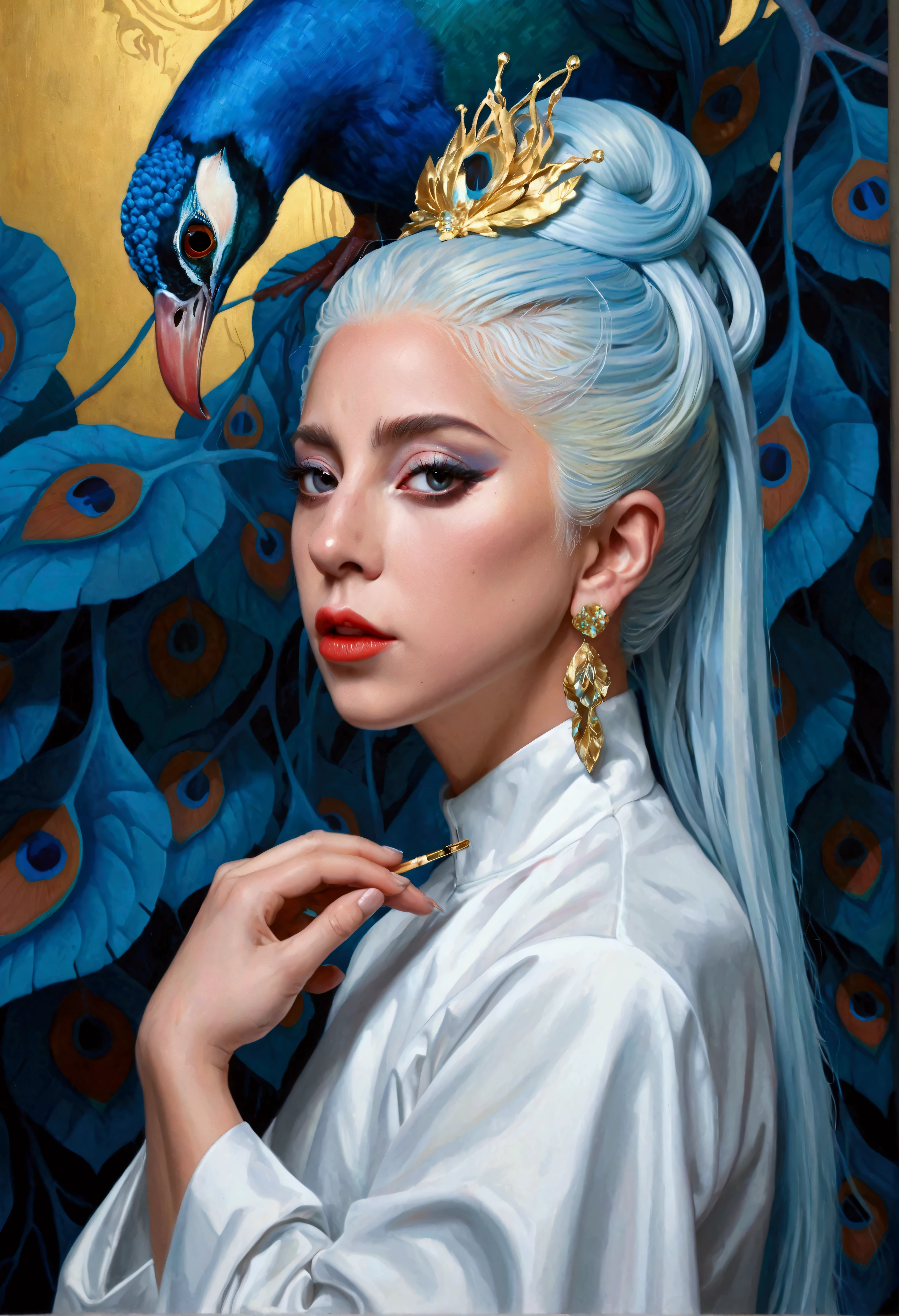 A painting by Alafid，Lady Gaga in the painting，With a peacock tail and eyes, Surrealism inspired by James Jean, Popular on artstation, Pop surrealism, james gien style, James Jean Andre Ryabovich, james jean 和 wlop, James Jean Soft Light 4K, james jean soft light 4k, james jean marc, style of james jean