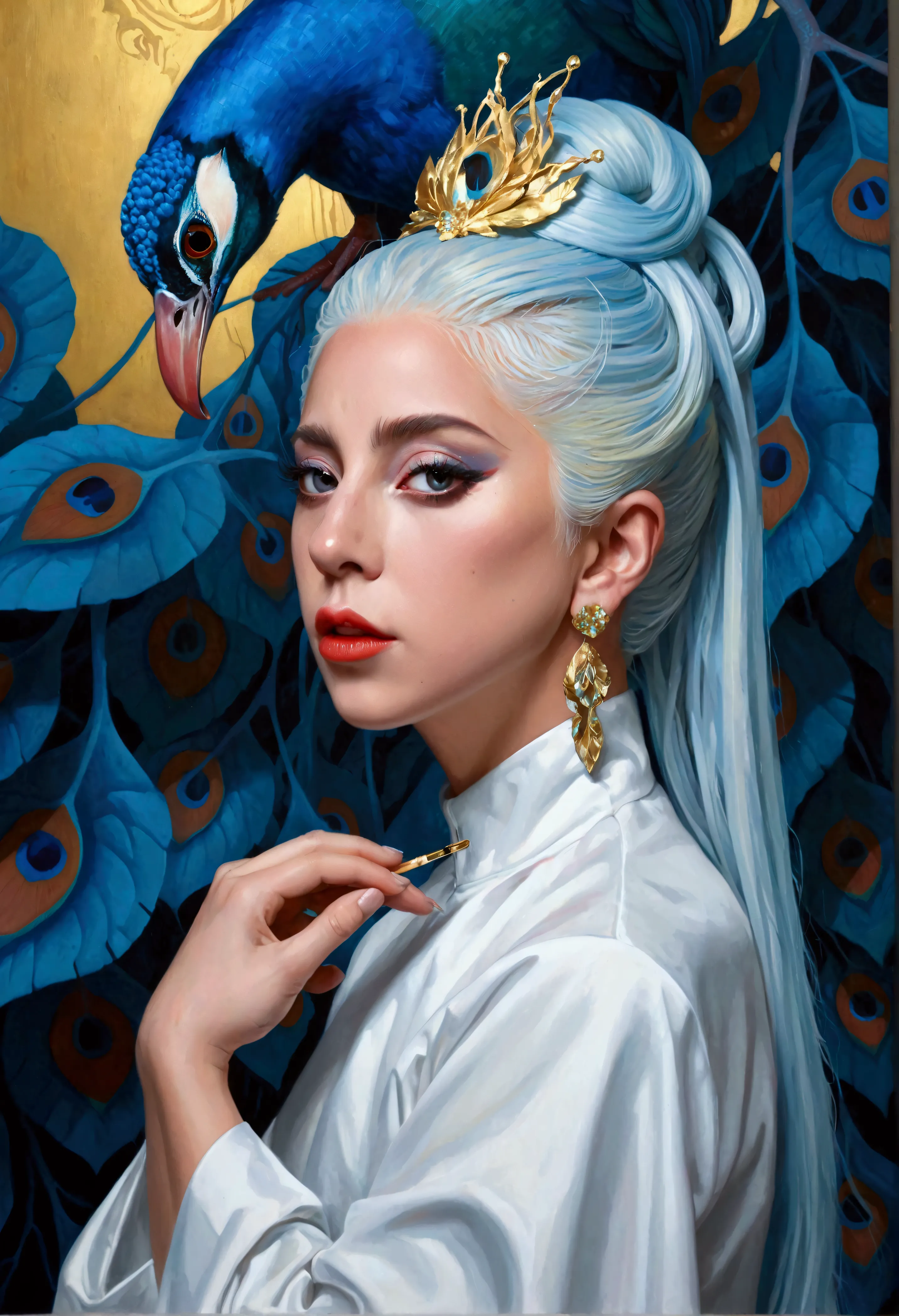 a painting by alafid，lady gaga in the painting，with a peacock tail and eyes, surrealism inspired by james jean, popular on artst...