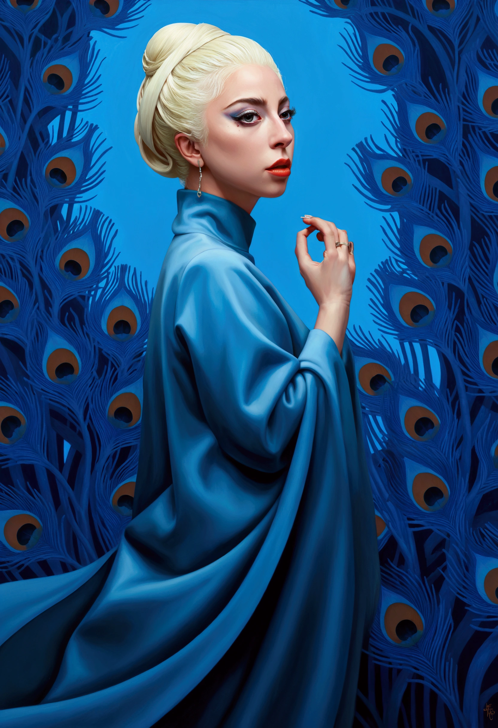 A painting by Alafid，Lady Gaga in the painting，With a peacock tail and eyes, Surrealism inspired by James Jean, Popular on artstation, Pop surrealism, james gien style, James Jean Andre Ryabovich, james jean 和 wlop, James Jean Soft Light 4K, james jean soft light 4k, james jean marc, style of james jean