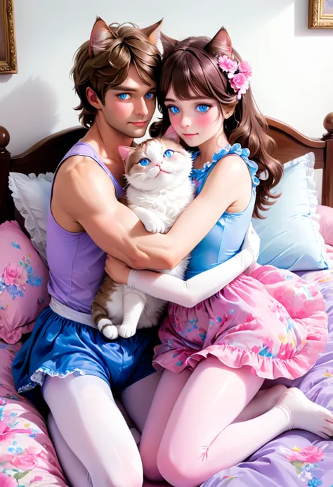 (1 man, 1 woman) (fflixbom, white and pink cat facepaint) (hetero, couple) (brown hair, blue eyes) (crossdressing, fully clothed...