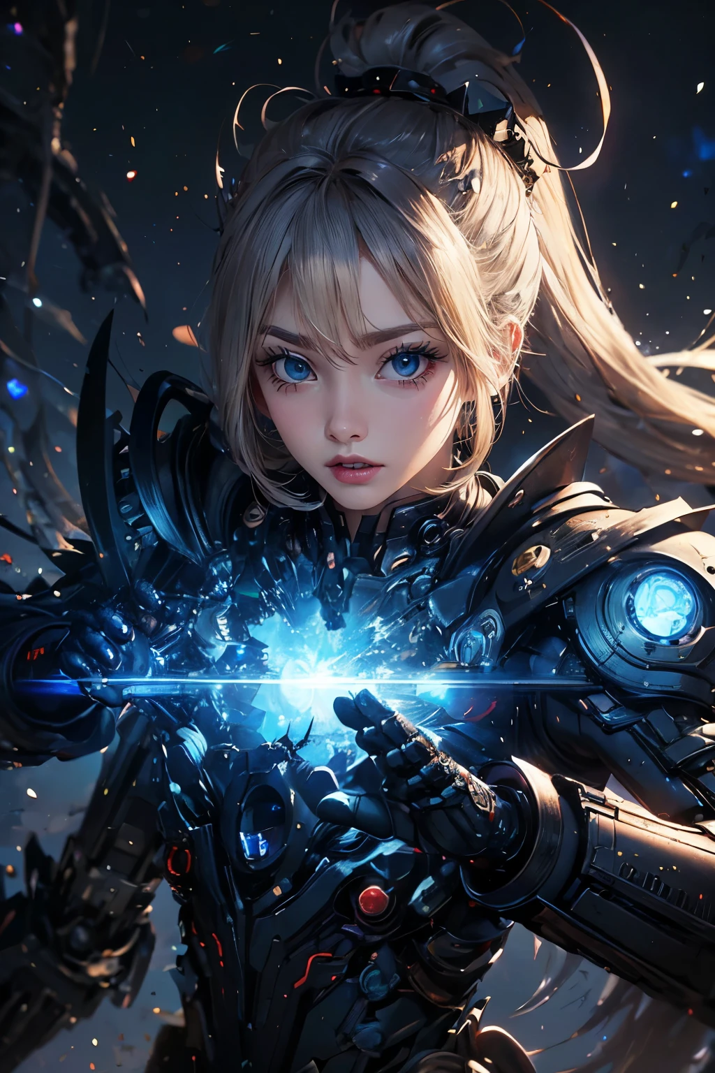 CG Mecha, Beautiful Eyes, ((Two people))、Upper Body, （Mechanic Armor）、40ＭＭPhotographed with a lens, Portraiture,jet suit、fly in the sky、patrol、 official、perfection、Neon Light, 8k, born, Highest quality, Tabletop, Ultra-high resolution, colorful, (medium wide shot), (Dynamic Perspective), Sharp focus , (Depth of written boundary, Bokeh:1.3), Highly detailed eyes and face,Ninja Artist, Beautiful attention to detail、iron, Trim Gear:1.2), ((Tabletop, Highest quality)), Detailed Background, Inside the spaceship、Grab your weapon、（Gray Hair）、blue eyes、ponytail、born物発光、Crescent Moon、Fantasy,masterpiece,Plug in、spectrum、confusion、Large robots、kaleidoscope、detailed gear