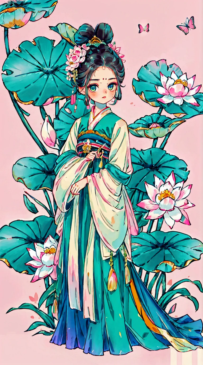 1girl, looking at viewer, face flushed, black hair color, hair adornments, longer sleeves, white background, everlasting, Full body, green hanfu colors, pink lotus flowers blooming, flower hairpin, hair-bun, butterflies, masterpiece, recent quality, The finest details, Clear facial features, beautiful eyes