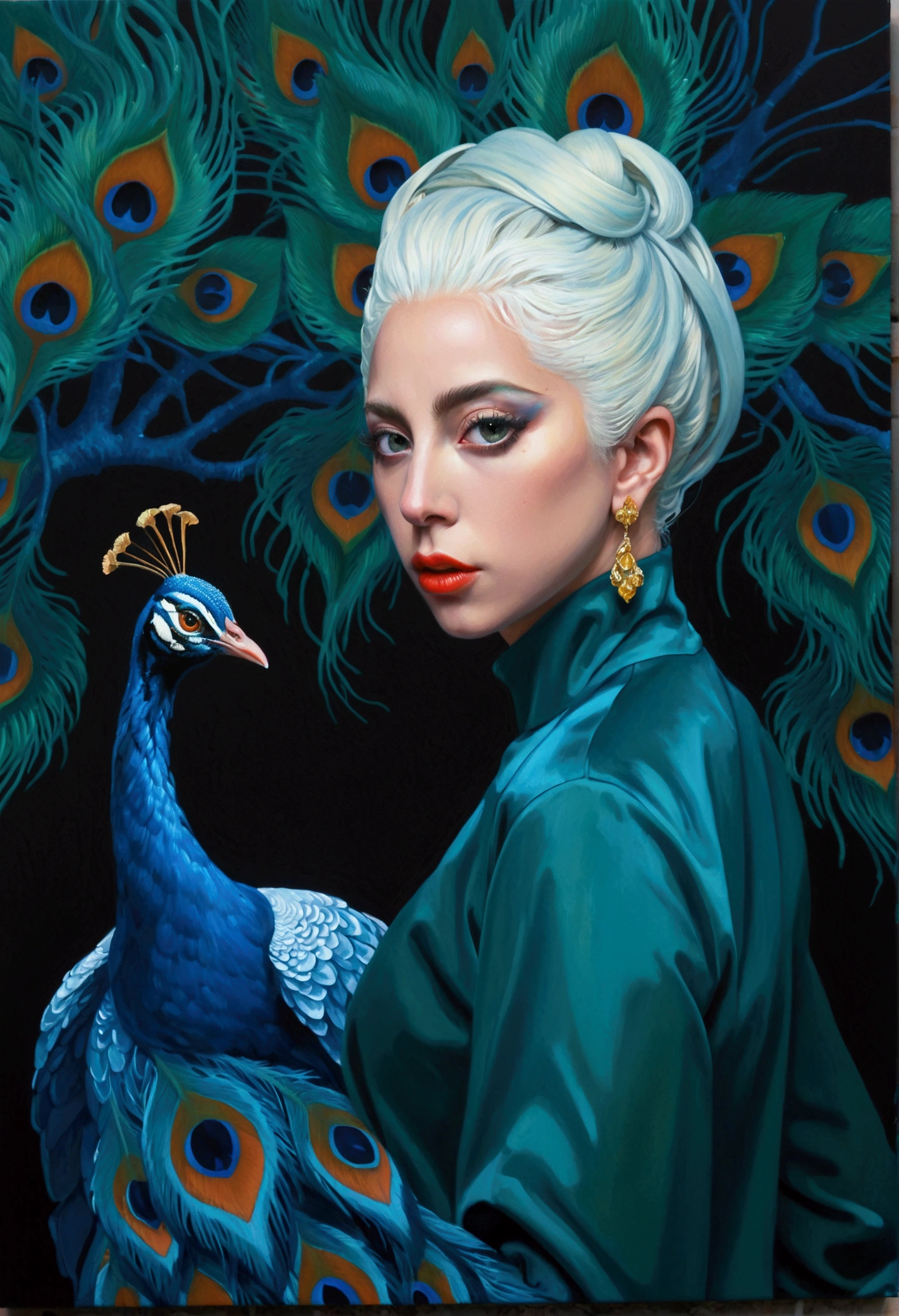 A painting by Alafid，Lady Gaga in the painting，With a peacock tail and eyes, Surrealism inspired by James Jean, Popular on artstation, Pop surrealism, james gien style, James Jean Andre Ryabovich, james jean 和 wlop, James Jean Soft Light 4K, james jean soft light 4k, james jean marc, style of james jean emerald green gold