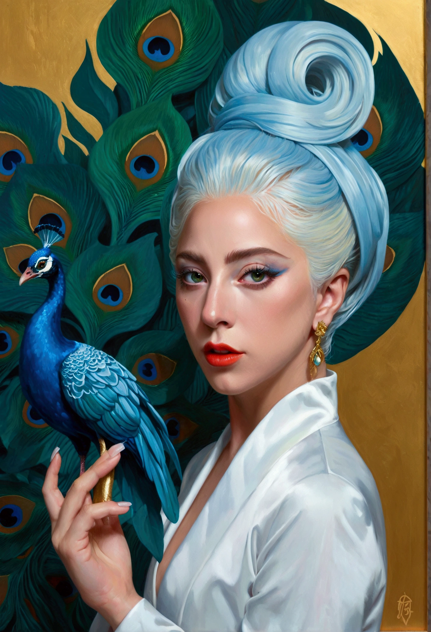 A painting by Alafid，Lady Gaga in the painting，With a peacock tail and eyes, Surrealism inspired by James Jean, Popular on artstation, Pop surrealism, james gien style, James Jean Andre Ryabovich, james jean 和 wlop, James Jean Soft Light 4K, james jean soft light 4k, james jean marc, style of james jean emerald green gold