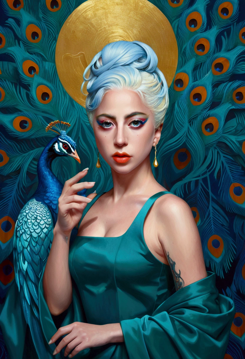 A painting by Alafid，Lady Gaga in the painting，With a peacock tail and eyes, Surrealism inspired by James Jean, Popular on artstation, Pop surrealism, james gien style, James Jean Andre Ryabovich, james jean 和 wlop, James Jean Soft Light 4K, james jean soft light 4k, james jean marc, style of james jean emerald green gold