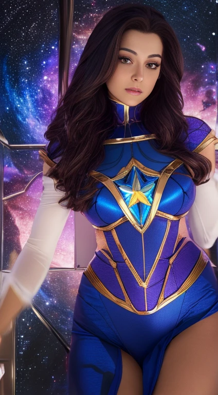 ( Masterpiece, 4k resolution, ultra-realistic, very detailed) lea martinez as Sexy star sapphire cosmic super heroine wears atiara photography by artgerm, in the style of realism, glistening skin, cartooncore, mangacore, natural lighting, Defined full lips. feminine body (In space)