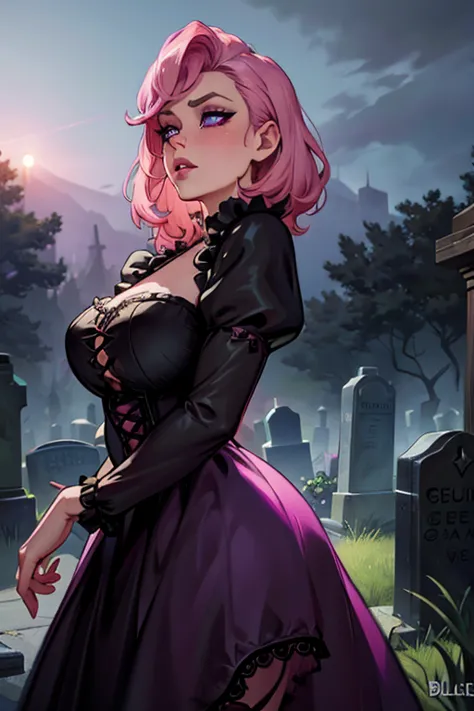 a pink haired woman with violet eyes, hourglass figure, gothic rockabilly dress, blushing in cemetery, detailed face, intricate ...