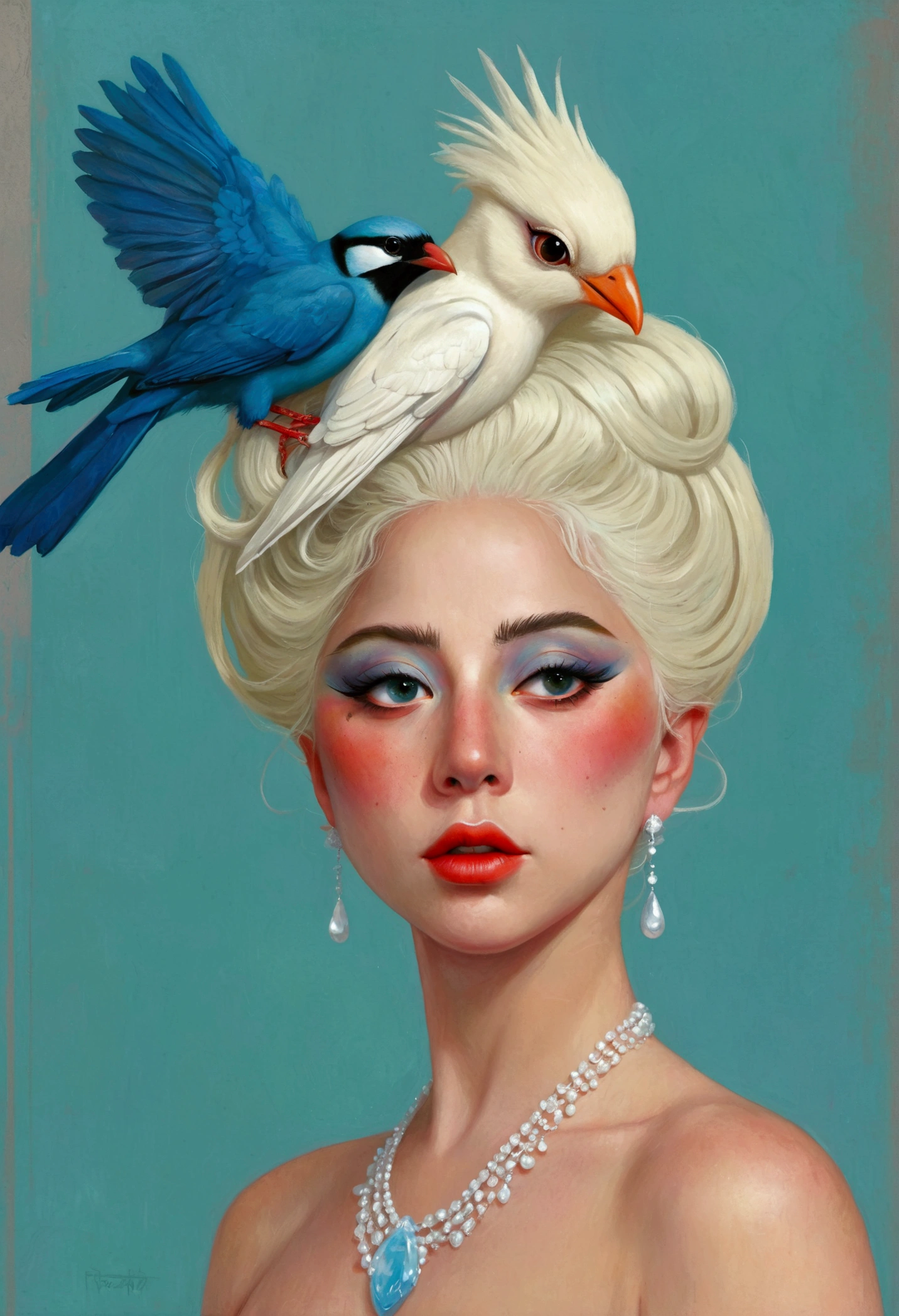 There is a painting，The painting shows Lady Gaga with a bird on his head, Eddie Mendoza (Eddie Mendoza) Digital Art, Winner of the Behance competition, Pop surrealism, Beeple 和 Jeremiah Ketner, yuri shwedoff and tom bagshaw, hyper-realistic illustration, Blue Head, jc leyendecker and sachin teng, shaun tan 和 peter mohrbacher, tom bagshaw style, Bird Head